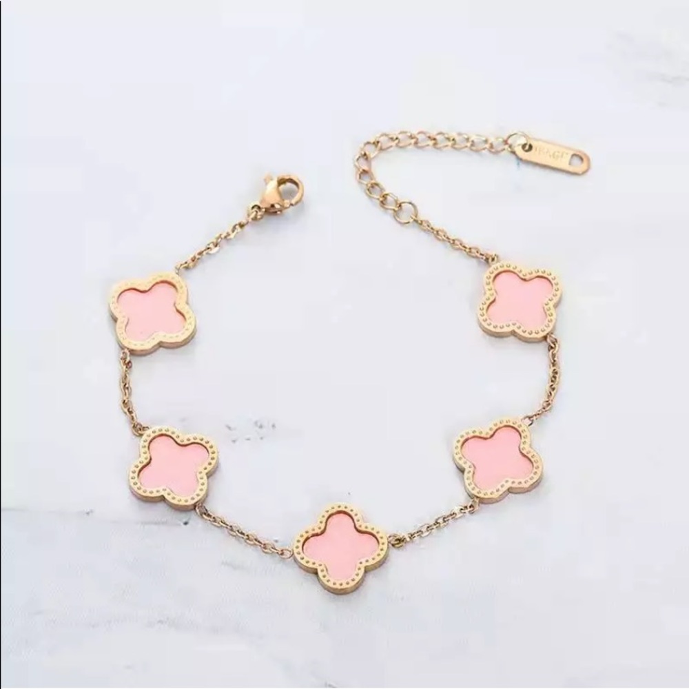 COPY - Titanium and 18k Rose Gold Flower Clover  Pink  Chain Charm Bracelet
